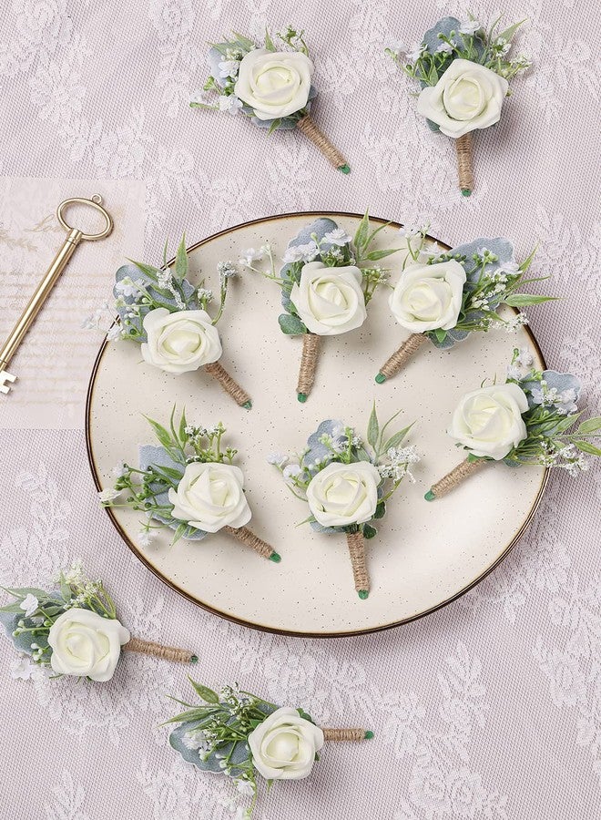 YSUCAU Rose Boutonnieres for Men Wedding Groom and Groomsmen White Boutonniere for Rustic Fall Vintage Wedding Prom Set of 10 - Image 2