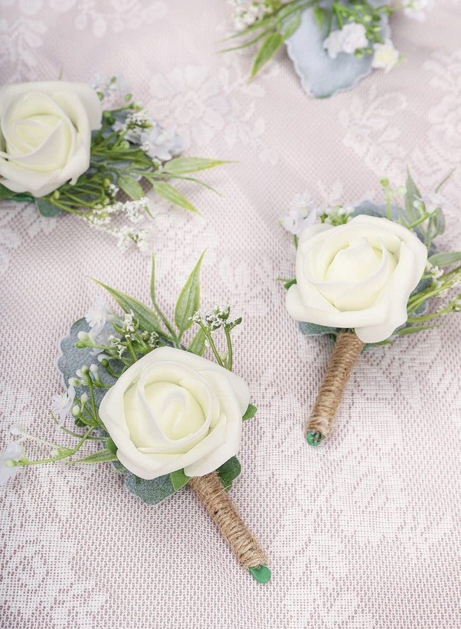YSUCAU Rose Boutonnieres for Men Wedding Groom and Groomsmen White Boutonniere for Rustic Fall Vintage Wedding Prom Set of 10 - Image 3