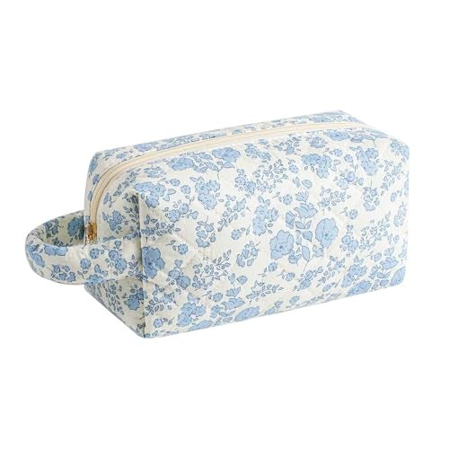 JOVAKIT Travel Makeup Bag Cosmetic Bag for Women, Christmas Gifts, Small Floral Flowers Coquette Toiletry Bag with Handle, Zipper Make Up Pouch Organizer Bag Trendy Stuff (Blue Floral) - Image 1