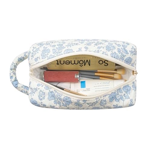 JOVAKIT Travel Makeup Bag Cosmetic Bag for Women, Christmas Gifts, Small Floral Flowers Coquette Toiletry Bag with Handle, Zipper Make Up Pouch Organizer Bag Trendy Stuff (Blue Floral) - Image 2