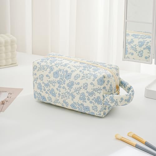 JOVAKIT Travel Makeup Bag Cosmetic Bag for Women, Christmas Gifts, Small Floral Flowers Coquette Toiletry Bag with Handle, Zipper Make Up Pouch Organizer Bag Trendy Stuff (Blue Floral) - Image 3