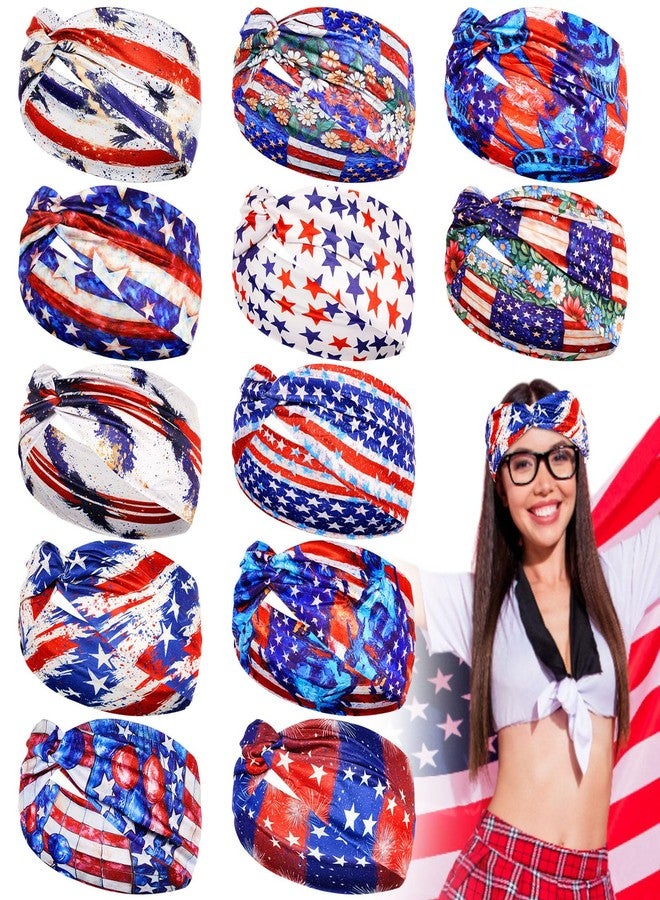 JaGely 12 Pcs Red White and Blue Hairband American Flag Patriotic Headbands for Women Military Veteran Gifts USA Flag Hair Accessories Stretchy Non Slip Wide Knotted Bandanas for Memorial Day - Image 1