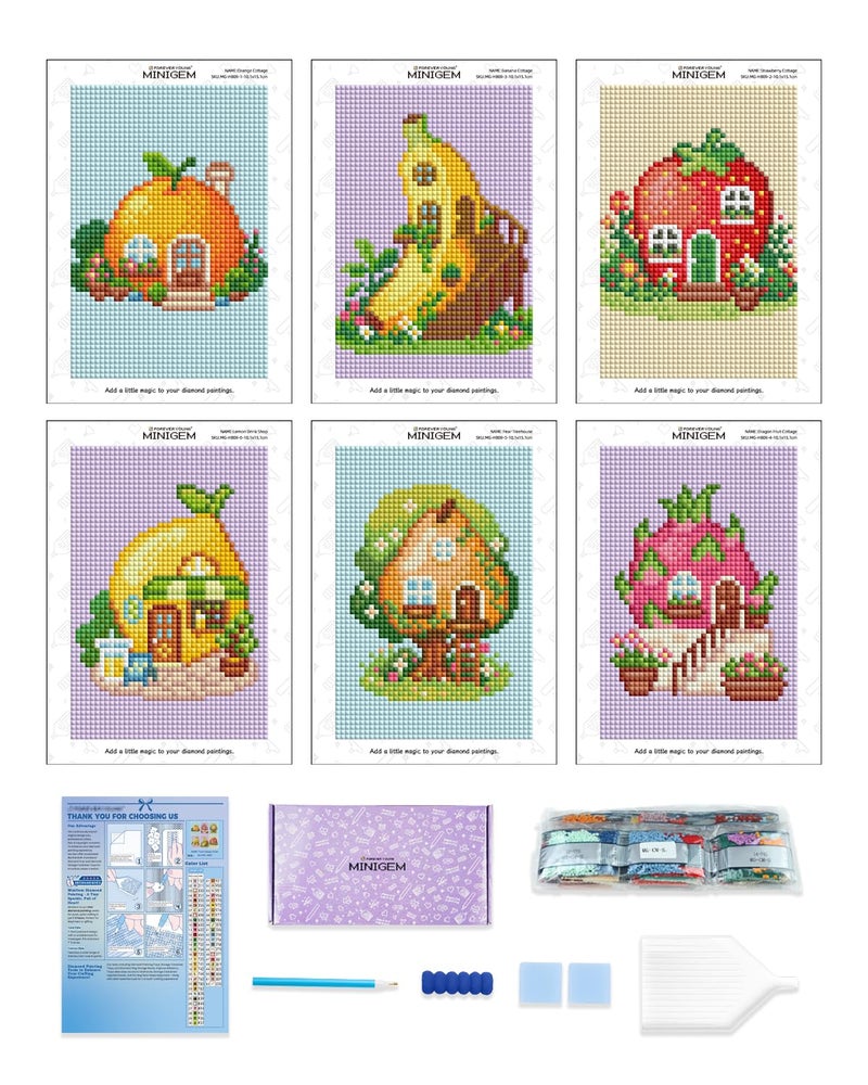 forever young Minigem Diamond Art Kits for Beginners, 6 Pcs Fruit Cottage Resin Square Diamond Painting Kits for Adults, 2-Hour Canvas Small Diamond Art Kits for Adults (5x7 Inch) - Image 1