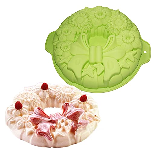 X-Haibei 10" Holiday Wreath Silicone Cake Pan - Jello, Pudding & Cake Mold with Handles, Festive Floral Design, - Image 3