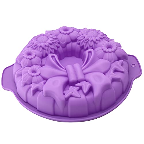 X-Haibei 10" Holiday Wreath Silicone Cake Pan - Jello, Pudding & Cake Mold with Handles, Festive Floral Design, - Image 5