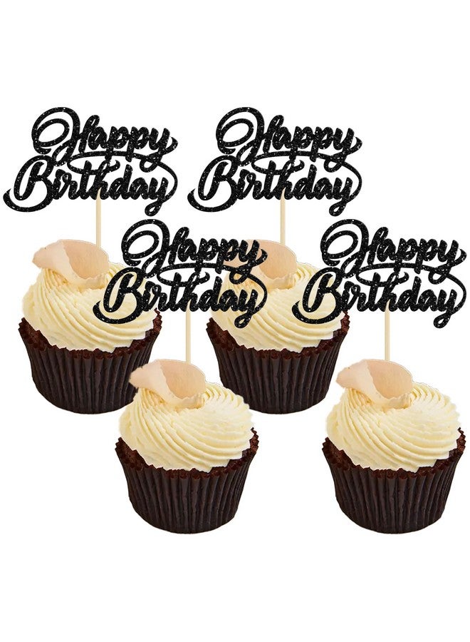 Ephlyn 24Pcs Happy Birthday Cupcake Toppers Glitter Birthday Cupcake Food Picks for Celebrating Happy Birthday Party Cake Decorations Supplies Black - Image 1