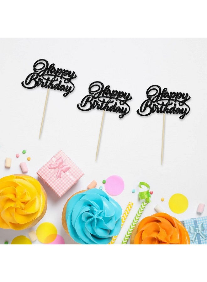 Ephlyn 24Pcs Happy Birthday Cupcake Toppers Glitter Birthday Cupcake Food Picks for Celebrating Happy Birthday Party Cake Decorations Supplies Black - Image 3