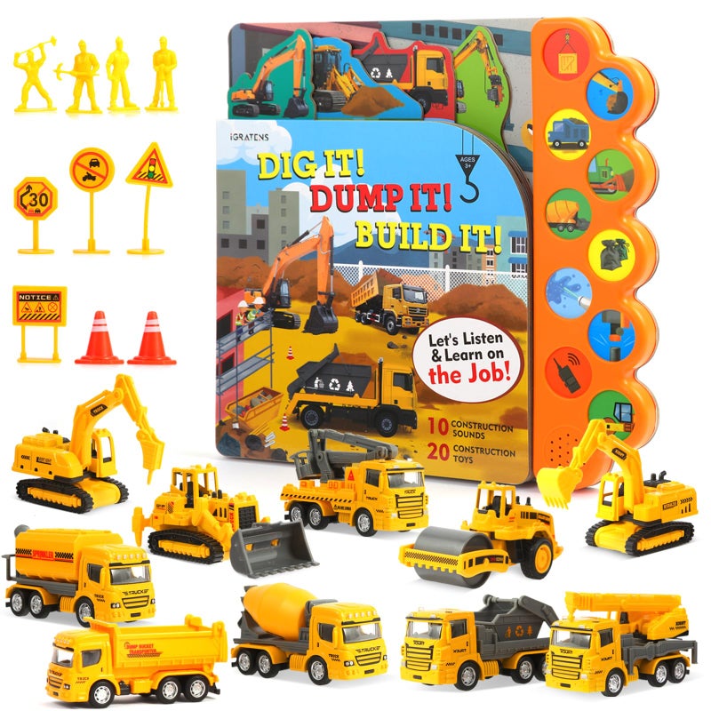 Igratens Construction Toys With Sound Books - Dig It! Dump It! Build It! Construction Board Book With 10 Buttons & 20 Pcs Toys For 3+ Year Old  Great For Little Construction Lovers Kids - Image 1
