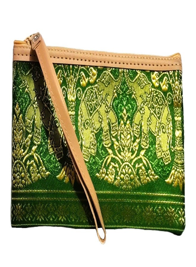 DeLegarde Traditional Brocade Clutch Wallet for Women, Green and Gold, 18 x 9.5 cm - Image 1