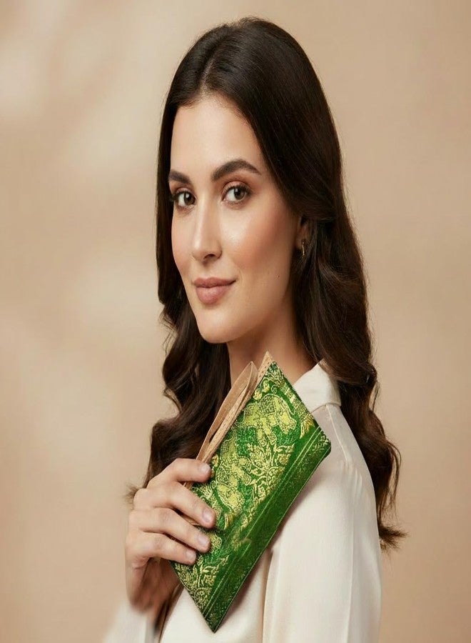 DeLegarde Traditional Brocade Clutch Wallet for Women, Green and Gold, 18 x 9.5 cm - Image 2