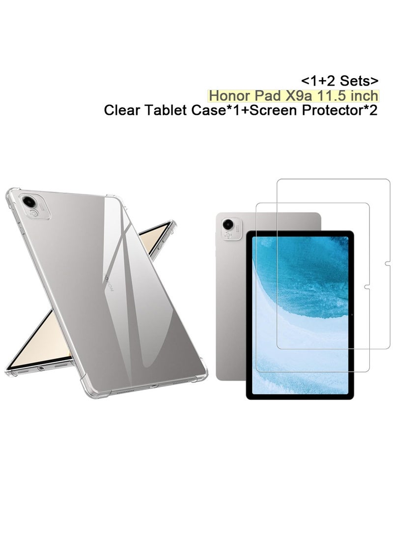 【1+2 Sets】 Tablet Case  Screen Protector Soft Silicone Shock Absorption Protective Cover 9H Tempered Glass Film HD For Honor Pad X9a 11.5 inch Clear
