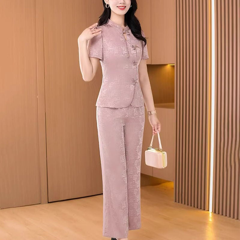New Chinese Style National Style Fashionable suit Womens 2024 Summer New Style Small Stylish Age-reducing Fashionable Wide Leg Pants Two-piece Set [lotus root powder] set # 8550 