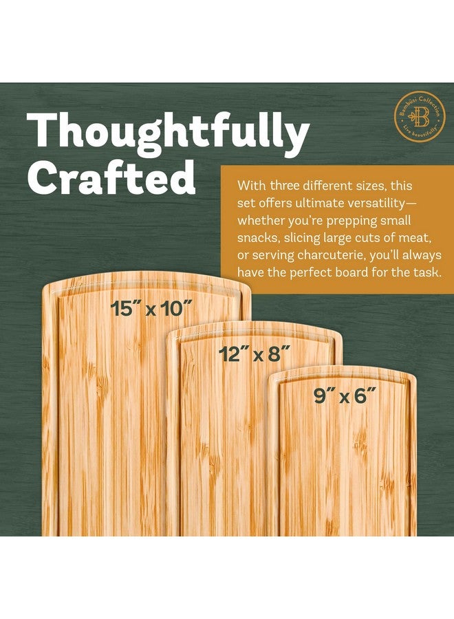 Bambüsi Wood Cutting Board - 3 Piece Bamboo Cutting Board Set, Wooden Cutting Boards for Kitchen with Deep Juice Groove, Side Handles - Wood Chopping Boards for Meal Prep, Meat, Vegetables, Cheese Charcuterie - Image 2