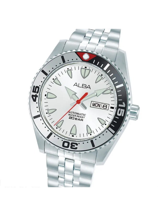 Alba AL4765X1 Automatic Men's Watch | Silver Sunray Dial | Stainless Steel Bracelet | Day-Date | Rotating Bezel | 200M Water Resistant | 43mm - Image 2