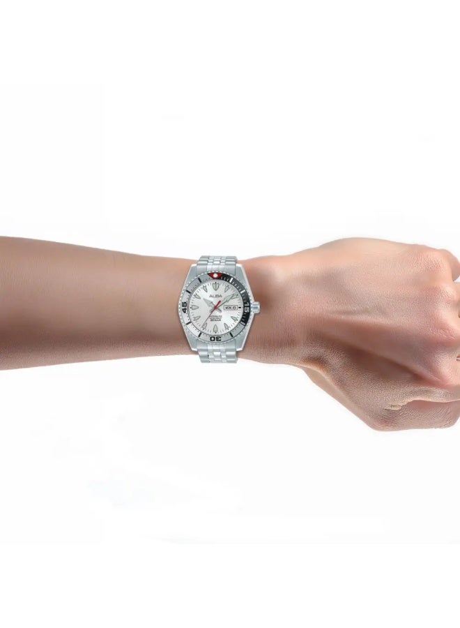 Alba AL4765X1 Automatic Men's Watch | Silver Sunray Dial | Stainless Steel Bracelet | Day-Date | Rotating Bezel | 200M Water Resistant | 43mm - Image 3