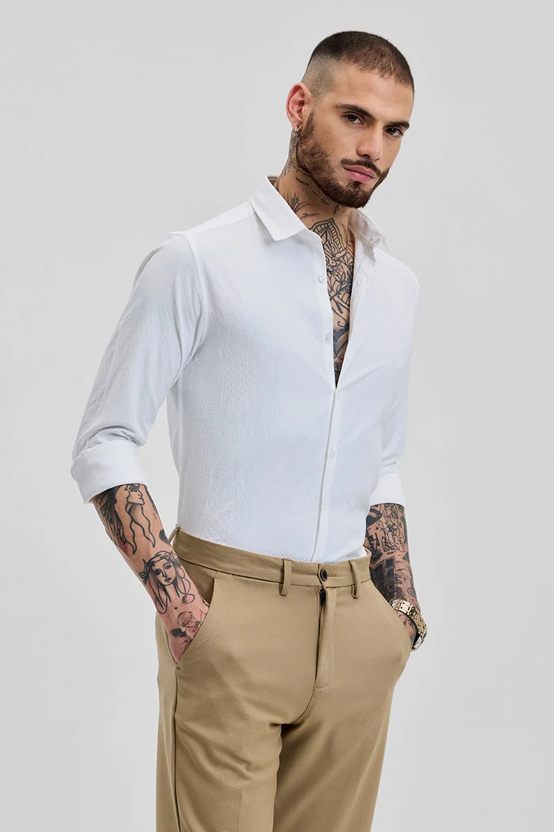 SNITCH White Textured Long Sleeve Slim Fit Streetwear Shirt