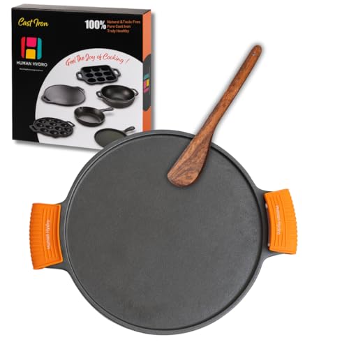 Human Hydro 12-Inch Cast Iron Dosa Tawa | Double Handle with Silicone Grips & Wooden Spatula | Pre-Seasoned, Flat Base, Induction & Gas Compatible | Chemical-Free Cookware - Image 1