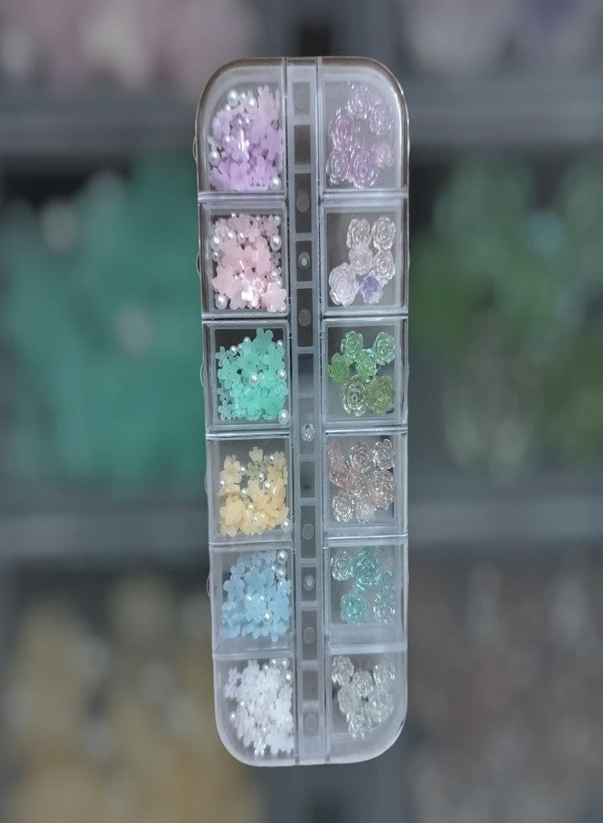 Nail Art Decoration Kit with Pastel Flower Embellishments and Pearls, 12 Compartment Storage Box