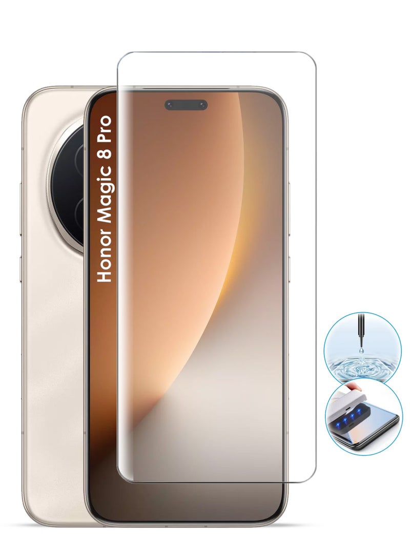 Honor Magic 8 Pro Screen Protector - UV Advanced Full Screen Tempered Glass For Honor Magic 8 Pro, Full Adhesive UV Curved Case Friendly HD Clarity With Installation Kit, High Transparency, Delicate Touch, Anti-Explosion, Smooth Arc Edges - Image 1