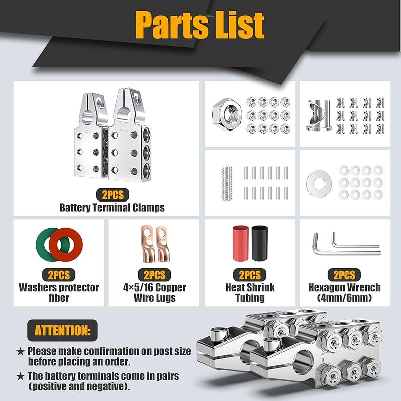 BetyBedy Battery Terminal Connectors, 12-Way Battery Terminal Clamps, Battery Terminals Top Post 8AWG up to 4/0(XL) AWG Gauge, Positive and Negative (+/-)(1 Pair) for SAE/DIN/EN Tapered Top Post - Image 2