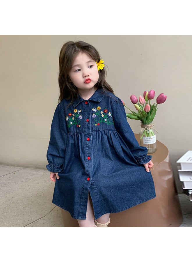 Denim Blue Girls Flower Embroidered Denim Dress, Long Sleeve Princess Dress for Spring Autumn
