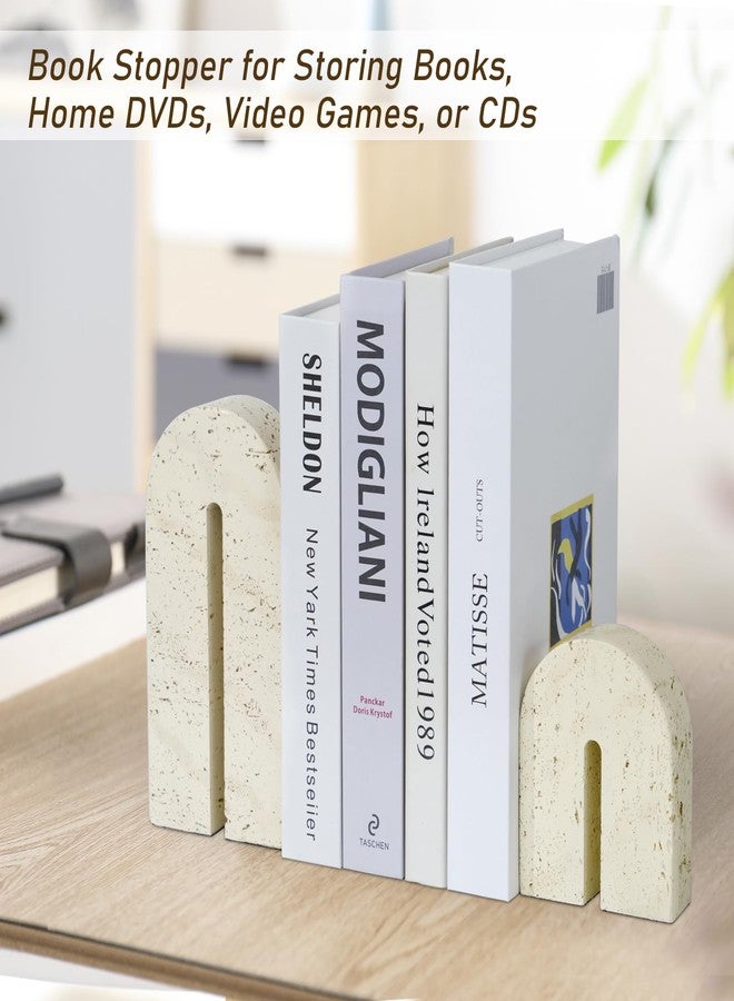 BOHDK فواصل كتب BOHDK للرفوف، فواصل كتب متينة من الراتنج، حامل كتب مقوس بتصميم كلاسيكي للكتب الثقيلة، سدادة كتب بتصميم حجر الترافرتين المقلد لتزيين المنزل، غرفة الدراسة، رف الكتب، سطح المكتب، طقم من قطعتين - Image 5