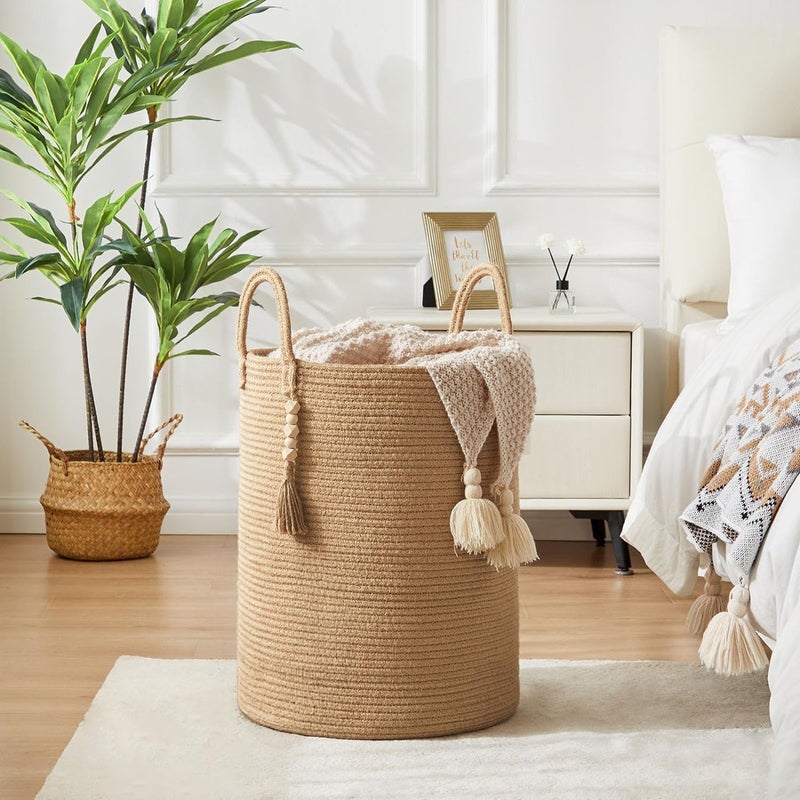 Fohome Laundry Hamper Basket, 58L Tall Woven Rope Baby Nursery Hamper with Handles, Foldable Laundry Basket for Blanket Storage, Clothes, Decorative Storage Basket (A) - Image 3