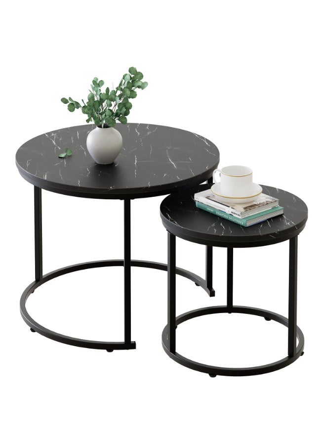 Round Nesting Coffee Tables Set of 2, Modern Living Room Coffee Table, Sturdy Metal Frame and Marble patterned desktop, End Table for Small Space, Apartment, Bedroom, Home Office, Dorm(Black, CJ022) - Image 1