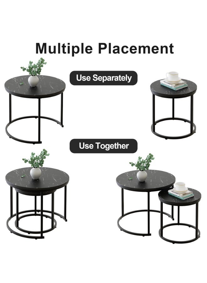 Round Nesting Coffee Tables Set of 2, Modern Living Room Coffee Table, Sturdy Metal Frame and Marble patterned desktop, End Table for Small Space, Apartment, Bedroom, Home Office, Dorm(Black, CJ022) - Image 2
