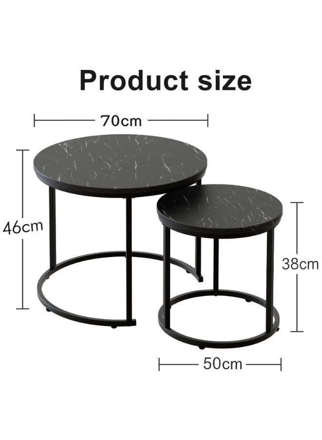 Round Nesting Coffee Tables Set of 2, Modern Living Room Coffee Table, Sturdy Metal Frame and Marble patterned desktop, End Table for Small Space, Apartment, Bedroom, Home Office, Dorm(Black, CJ022) - Image 3