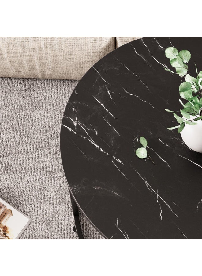 Round Nesting Coffee Tables Set of 2, Modern Living Room Coffee Table, Sturdy Metal Frame and Marble patterned desktop, End Table for Small Space, Apartment, Bedroom, Home Office, Dorm(Black, CJ022) - Image 5