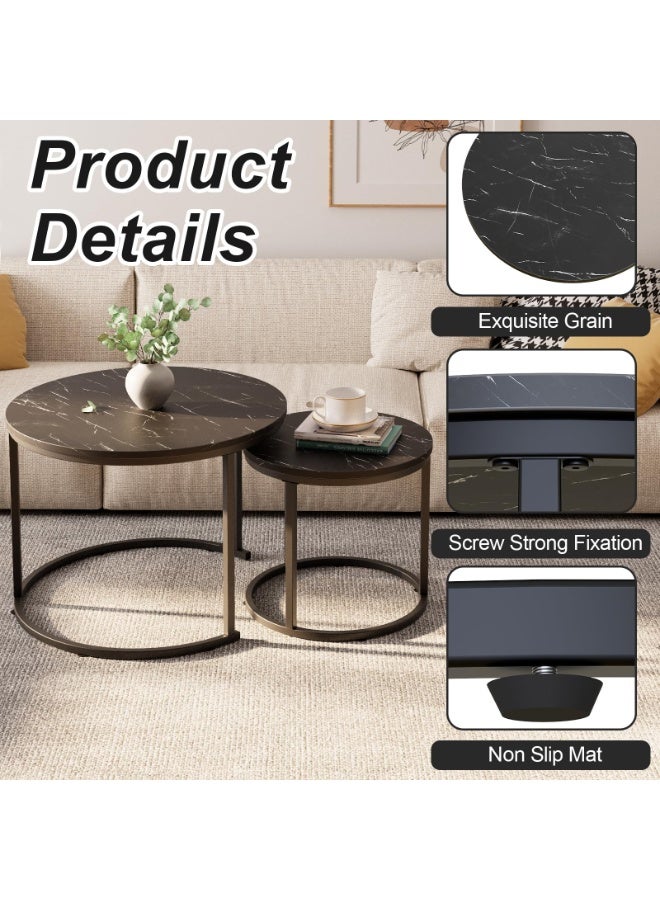 Round Nesting Coffee Tables Set of 2, Modern Living Room Coffee Table, Sturdy Metal Frame and Marble patterned desktop, End Table for Small Space, Apartment, Bedroom, Home Office, Dorm(Black, CJ022) - Image 4