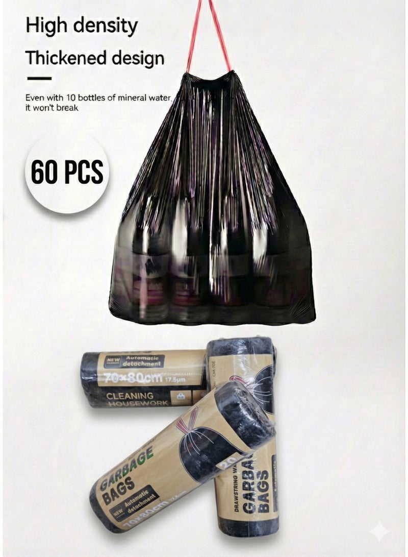 Evva Large Heavy-Duty Garbage Bags with Drawstring – 3 Rolls (60pcs) 70x80cm | 76.7 Liters | Trash Bags for Villas, Offices & Restaurants | Leak-Proof Bin Liners - Image 1