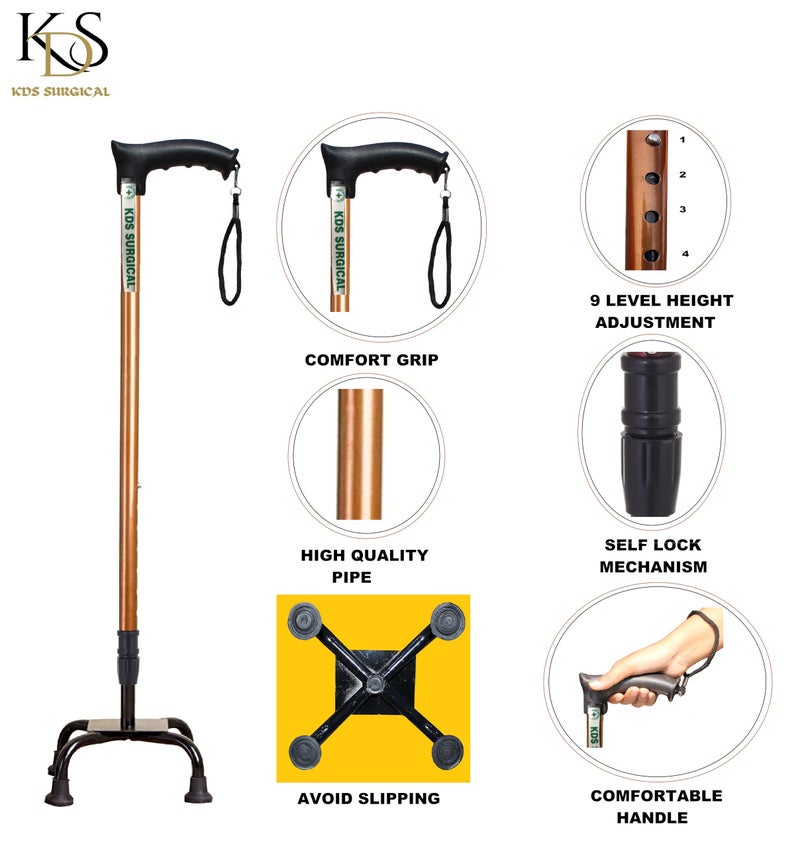 Kds Surgical 4 Leg Copper Height Adjustable Men/Women/Old People Patient Walking Stick (with Support) - Image 3