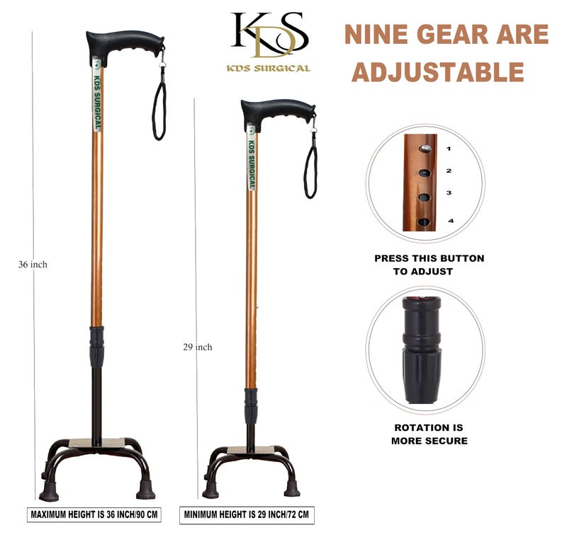 Kds Surgical 4 Leg Copper Height Adjustable Men/Women/Old People Patient Walking Stick (with Support) - Image 4