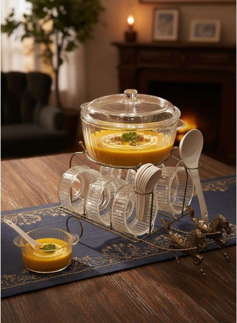 Transparent Soup Set with Spoons and Horse-Drawn Base Transparent/Striped/Black