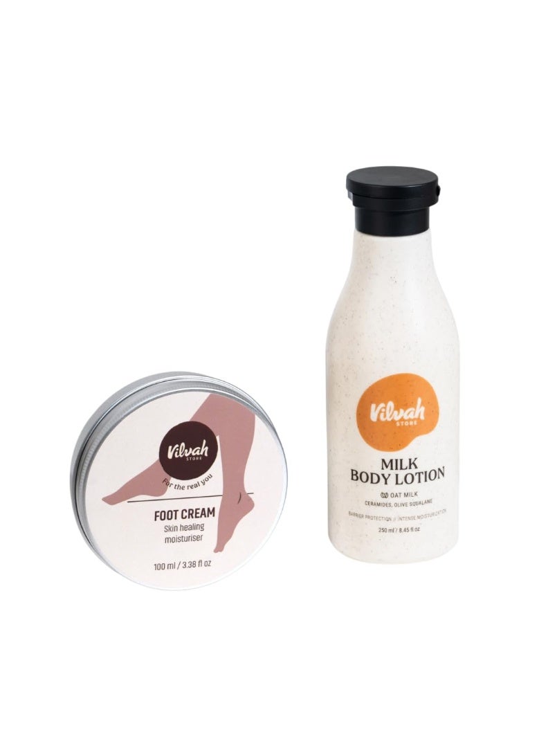 Vilvah STORE Foot Cream 100 ml And Body Lotion  250ml Combo | Intense Healing & 48H Moisture Lock | Repairs Cracked Heels, Hydrates & Strengthens Skin Barrier | Lightweight & Non-Sticky | For All Skin Types - Image 1