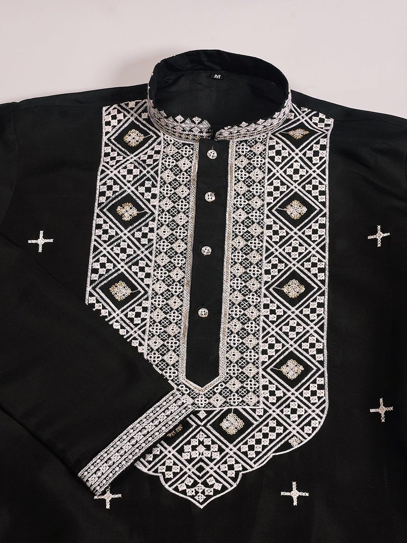 Kalaanj Men's Embroidered Silk Kurta || Only Kurta (KALSS2503MK-Black-M) - Image 5