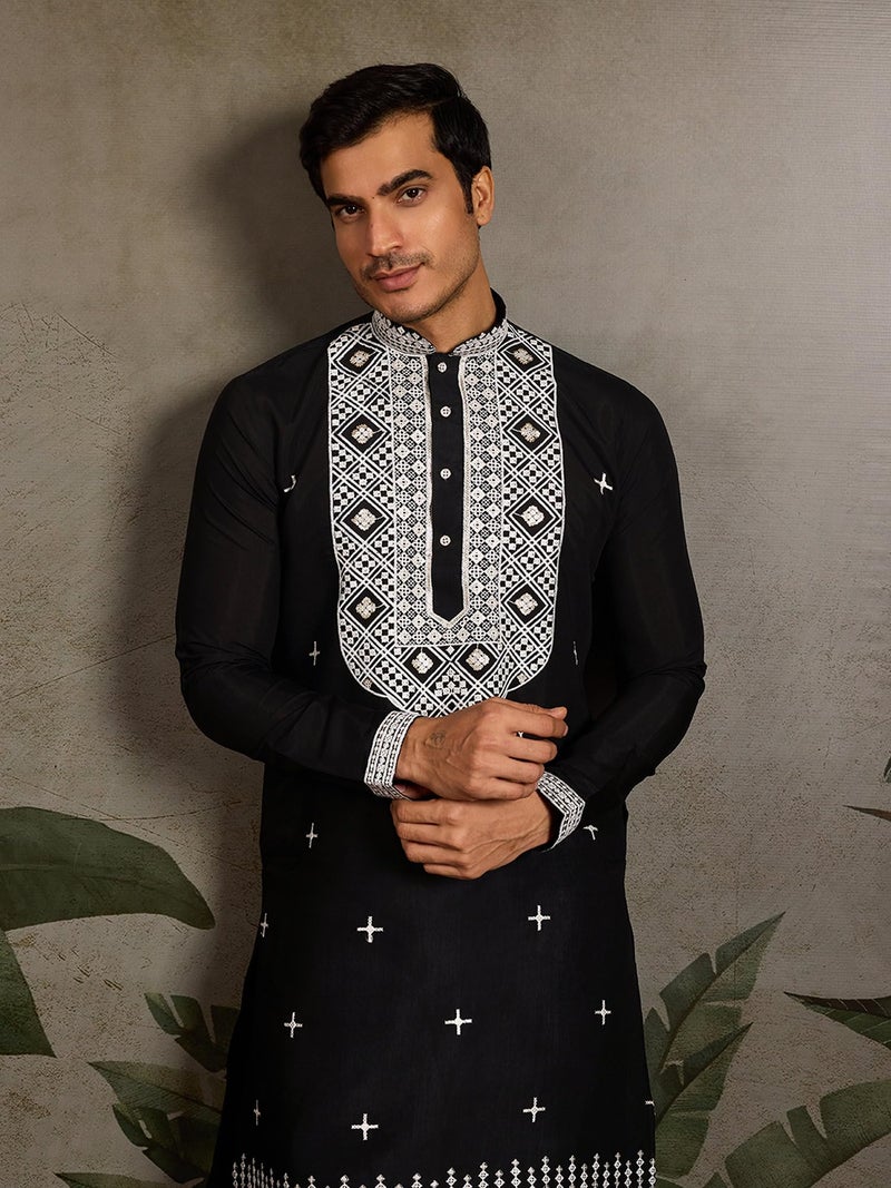 Kalaanj Men's Embroidered Silk Kurta || Only Kurta (KALSS2503MK-Black-M) - Image 4