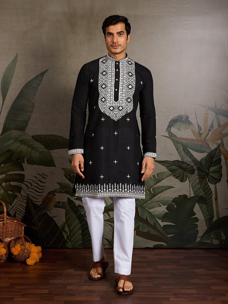 Kalaanj Men's Embroidered Silk Kurta || Only Kurta (KALSS2503MK-Black-M) - Image 3