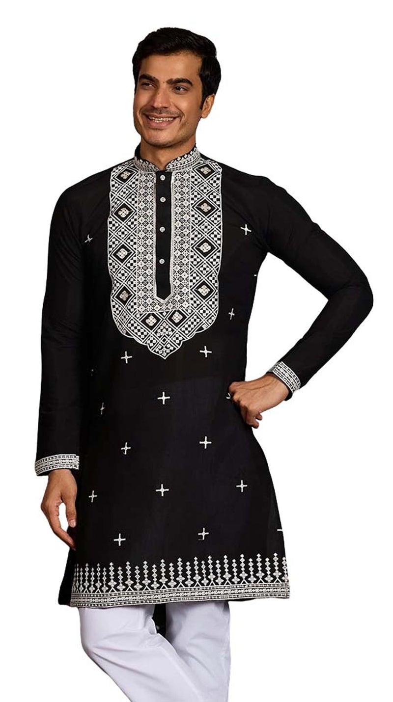 Kalaanj Men's Embroidered Silk Kurta || Only Kurta (KALSS2503MK-Black-M) - Image 1