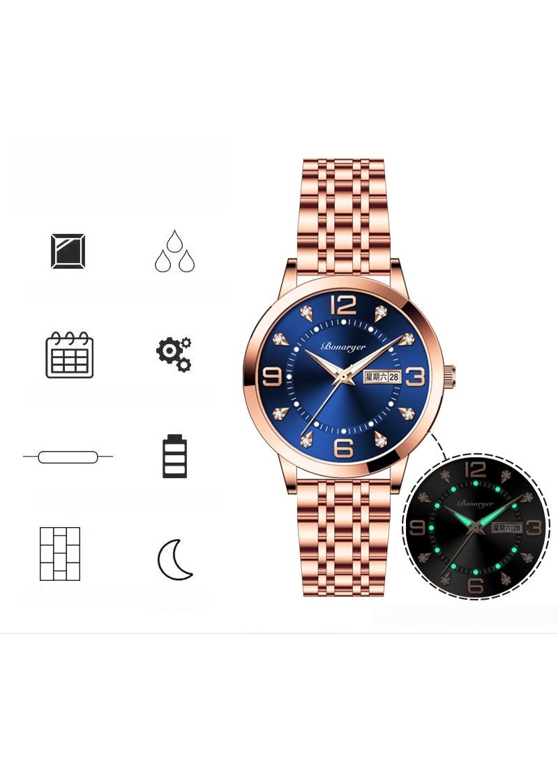 BONARGER Women's luxury water-resistant luminous quartz watch with a stainless steel strap - Image 2