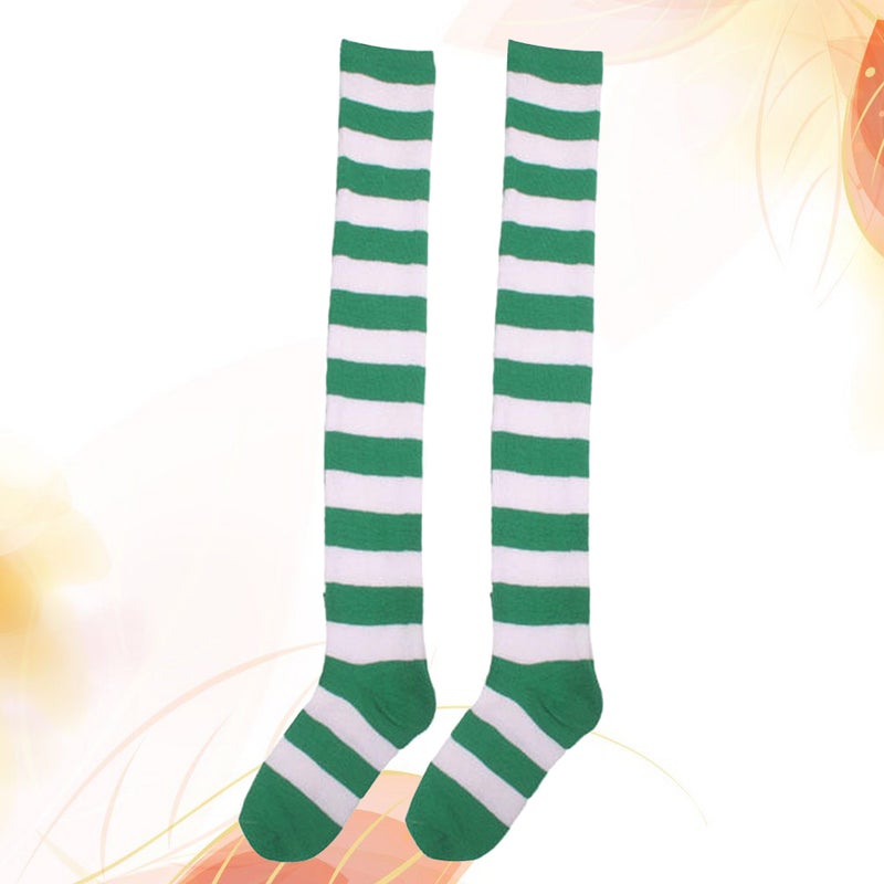 1 Pair Cosplay Stockings Stripe Over The Knee High Socks Socks for Women Girls Free Size (White and Green) - Image 1