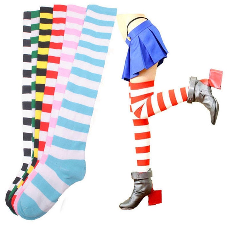 1 Pair Cosplay Stockings Stripe Over The Knee High Socks Socks for Women Girls Free Size (White and Green) - Image 3