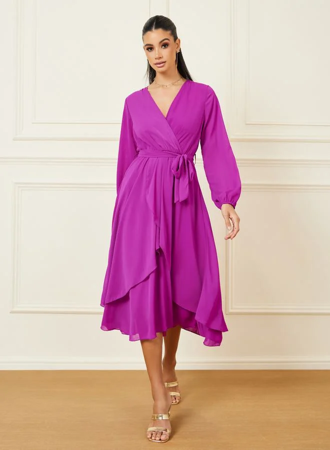 Styli Layered A-Line Wrap Midi Dress with Self Tie Belt