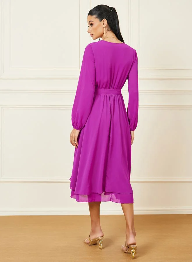 Styli Layered A-Line Wrap Midi Dress with Self Tie Belt