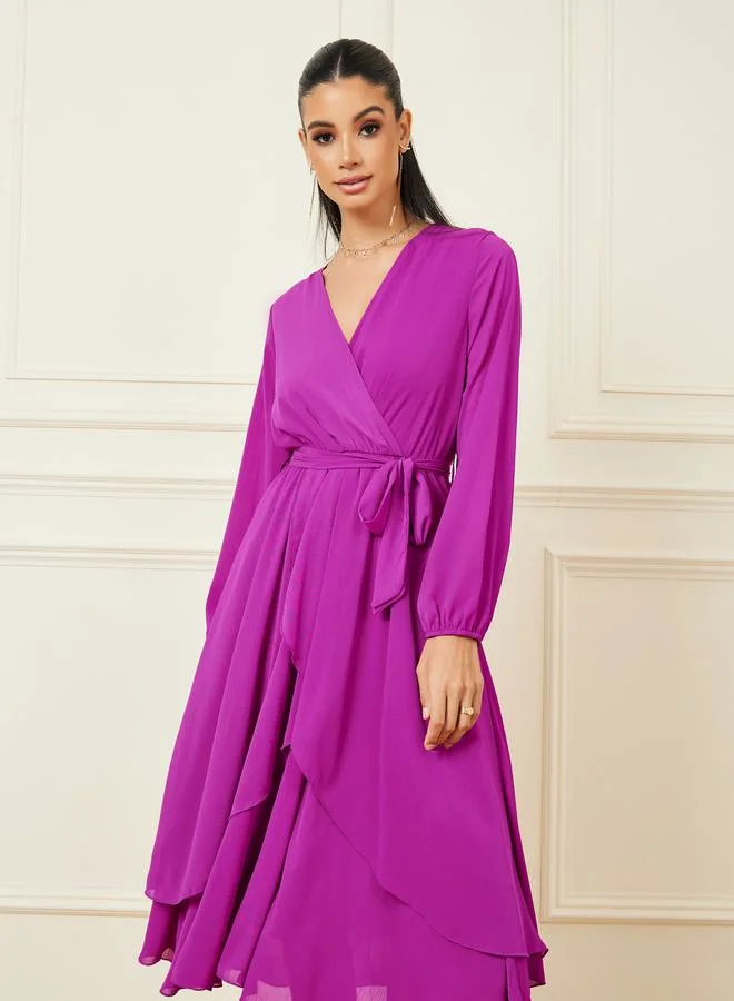 Styli Layered A-Line Wrap Midi Dress with Self Tie Belt