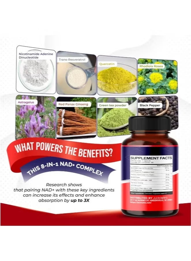 NAD + Supplement with Nicotinamide Riboside NR, Resveratrol, Quercetin - Cellular Energy  Repair, Vitality, Healthy Aging (90 Capsules) - Image 3