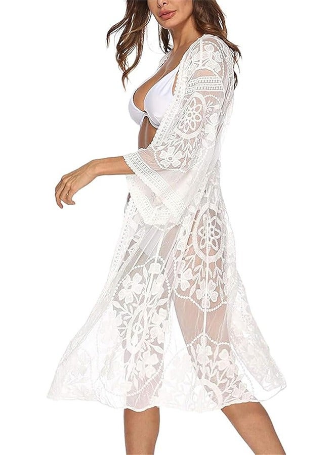 Unewshi Women's Long Flowy Lace Kimono Cardigan Boho Style Summer Beach Open Cover Ups,  Bikini Cover Up, Beach Swimwear, Ruffle Short Sleeves Dress, Ladies Cardigan Button Dress, Summer Long Dress For Women, Coverups For Beach Hawaii Vacation - Image 1