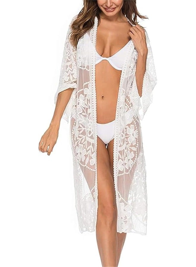 Unewshi Women's Long Flowy Lace Kimono Cardigan Boho Style Summer Beach Open Cover Ups,  Bikini Cover Up, Beach Swimwear, Ruffle Short Sleeves Dress, Ladies Cardigan Button Dress, Summer Long Dress For Women, Coverups For Beach Hawaii Vacation - Image 3